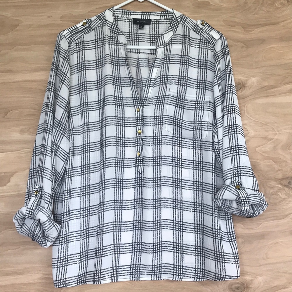 The Limited Plaid blouse with gold button detail.